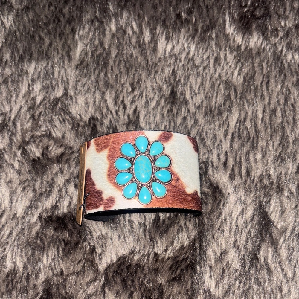 Cow print and Turquoise cuff bracelet